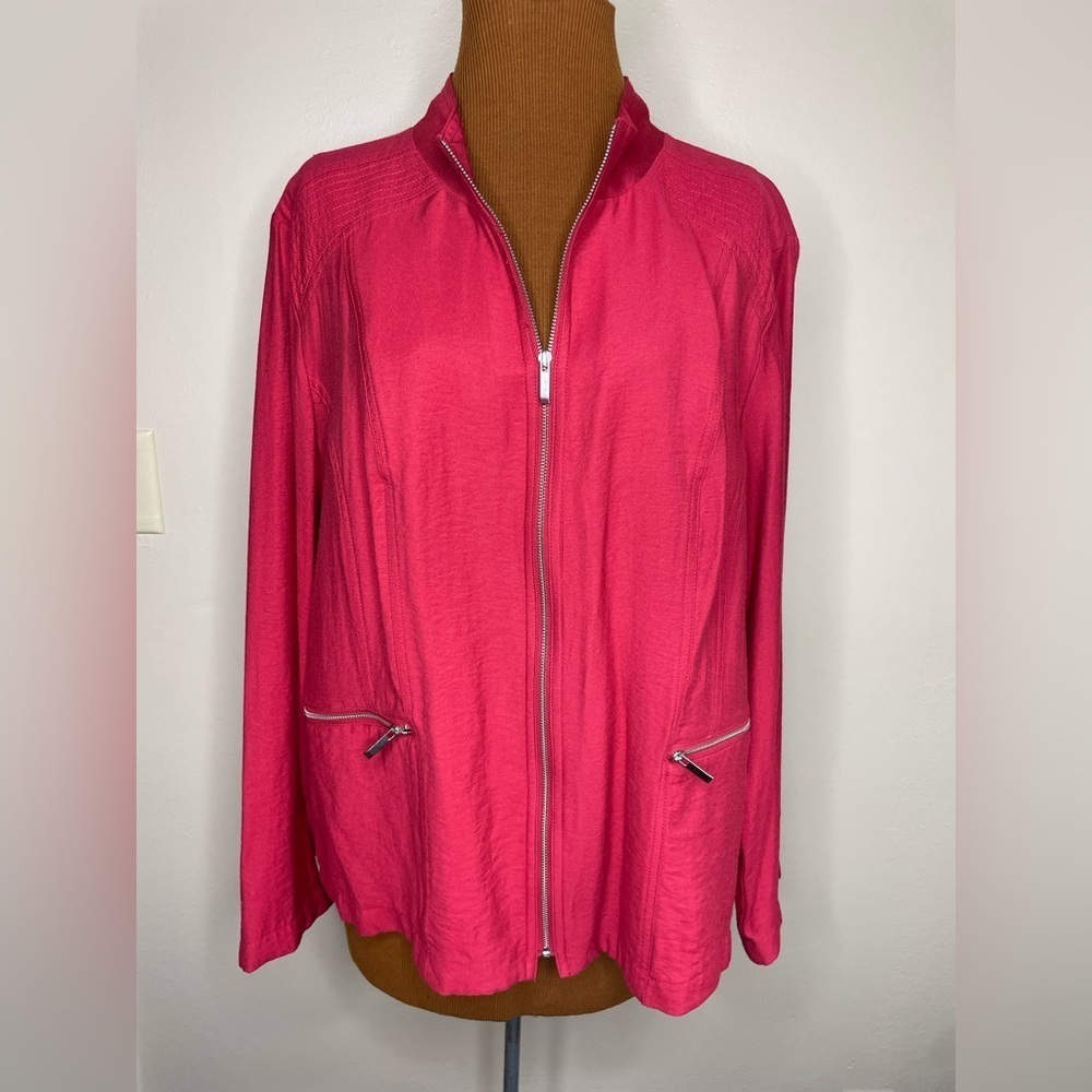 Chico's Red Full Zip Jacket Rayon Nylon Blend Mandarin Collar Size XL